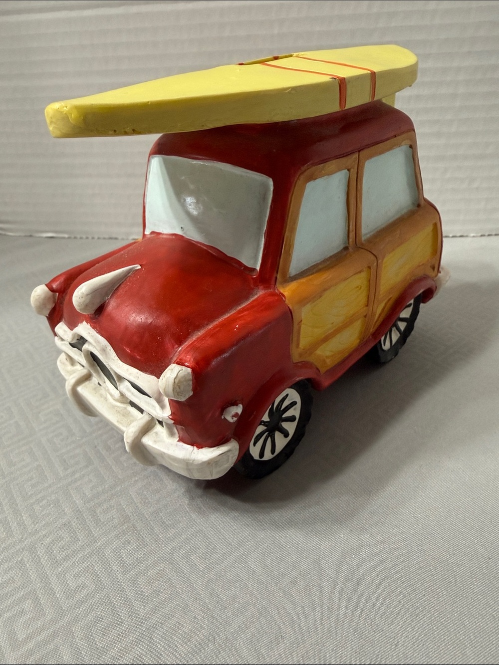 Vintage Ceramic Red Woody Wagon Yellow Surfboard Coin Bank Coastal Beachy Vibe